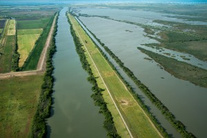 Aerial shot of Lower Yolo bypass waterway and flooding.
