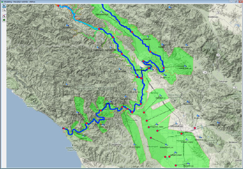 Screenshot of charted northern California waterways flowing into the San Francisco Bay.