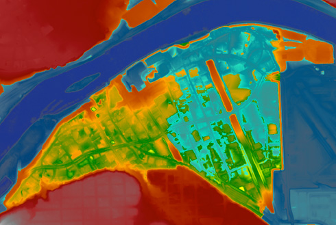 Screenshot of colorful model showing flooded city.